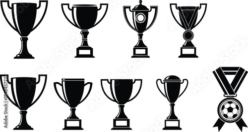Set of ten black silhouettes of various sports trophies, award cups, and winning medals, including a soccer emblem, symbolizing victory, achievement, and competition vector illustration.