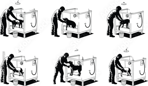 Six-panel dog grooming illustration showing person washing pet in raised tub with hose, emphasizing hygiene, care, and bathing process.