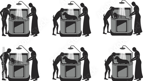 Six-panel illustration of pet grooming teamwork showing people washing dog in tub with shower, emphasizing care, hygiene, and collaboration.