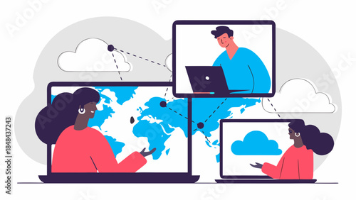 People connecting globally through laptops showing world map and cloud computing illustrations online now at work