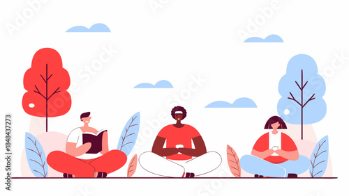 People sitting in nature reading and using phones with trees and clouds in the background illustration