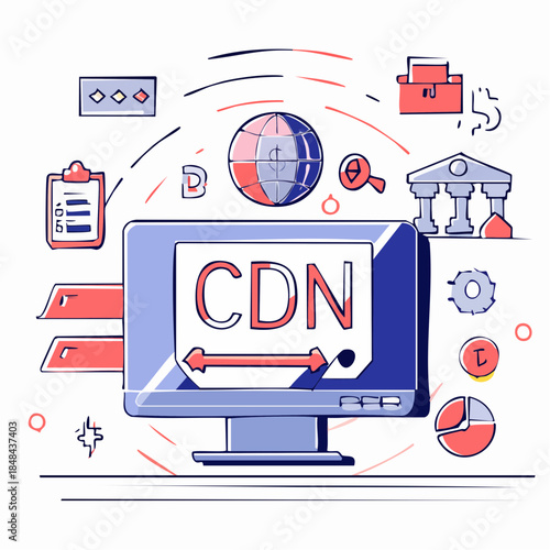 Global CDN concept illustration with computer and worldwide network icons
