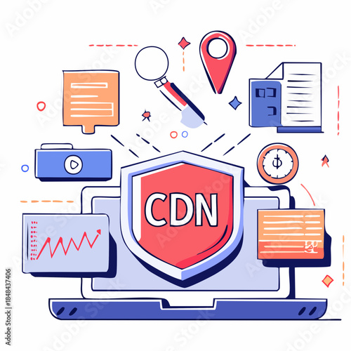 CDN network optimization illustration with location and data icons
