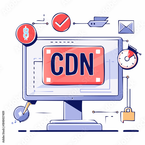 CDN security concept illustration with computer monitor and shield
