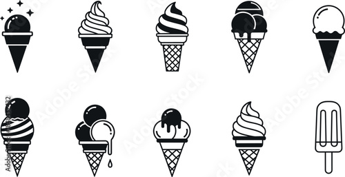 Set of ice cream and popsicle vector icons featuring soft serve waffle cones double scoops and frozen treats for summer cafe menus parlor branding and sweet dessert graphic designs