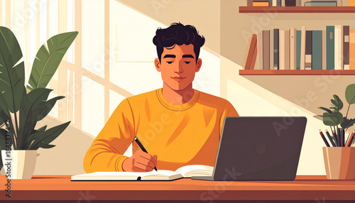 A focused young man in a yellow shirt writing in a notebook at a desk with a laptop and plants in a bright, modern home office.