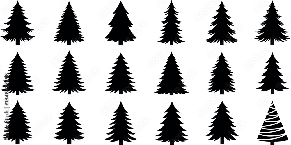 Obraz premium Set of pine tree silhouettes featuring various fir and spruce evergreen styles and a stylized Christmas tree for winter forest landscapes seasonal holiday branding and outdoor nature graphic designs