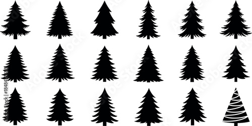 Set of pine tree silhouettes featuring various fir and spruce evergreen styles and a stylized Christmas tree for winter forest landscapes seasonal holiday branding and outdoor nature graphic designs