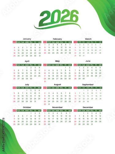 2026 yearly calendar with green accents and decorative leaf design