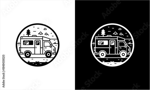 Vintage Camper Van Adventure in Nature Line Art Illustration.