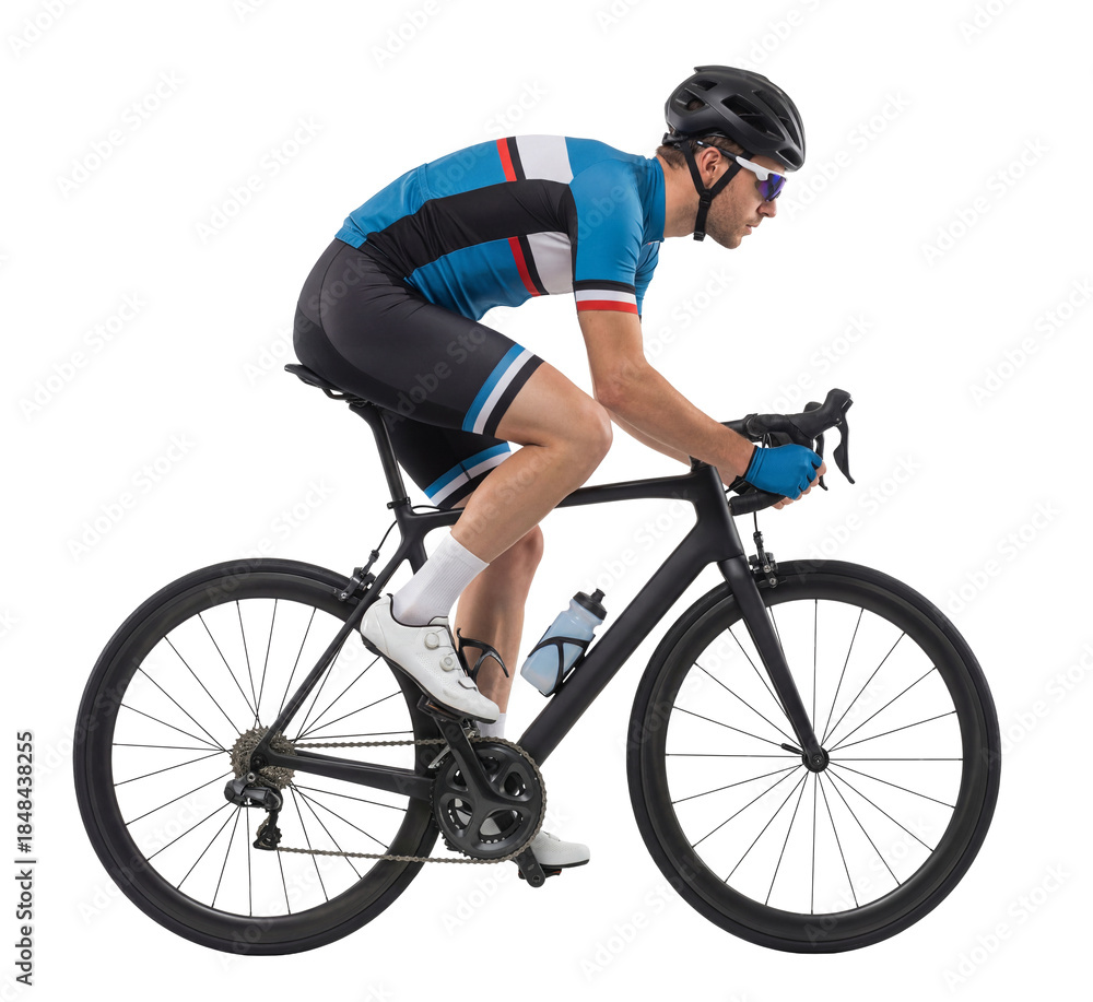 Naklejka premium Male Cyclist Riding Road Bicycle Side View on Isolated Background