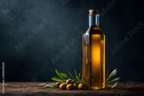 Cinematic golden olive oil bottle illuminated by ambient light
