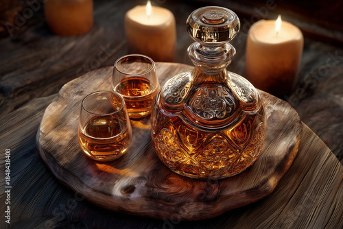 Ambient light catches the luxurious cut glass decanter and cognac tumblers
