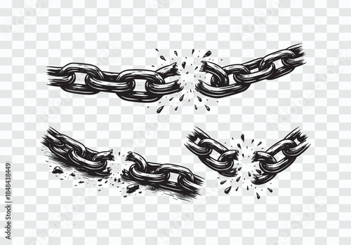 Hand-Drawn Broken Chains Symbol of Freedom and Rupture Snapped Metal Chain Silhouettes – Monochrome Grunge Vector Pack