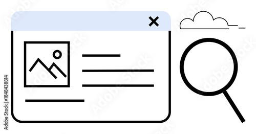 Web page layout with image, text lines, magnifying glass, and cloud. Ideal for SEO, web design, search, analysis, data content marketing and exploration concepts in a simple flat metaphor