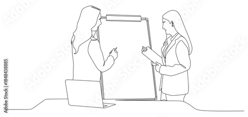 Continuous Line Drawing of Two Businesswomen Presenting and Collaborating in Office Meeting
