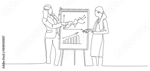 Continuous Line Drawing of Two Businesswomen Analyzing Data and Presenting at Office Meeting