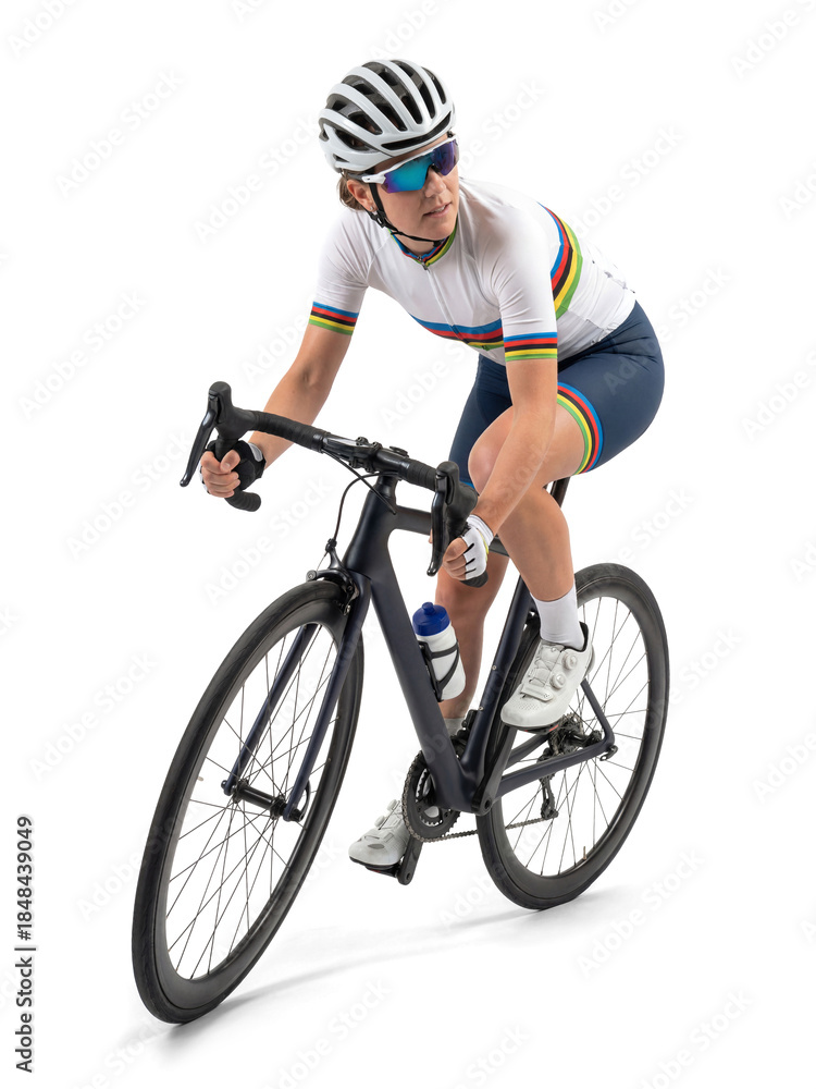 Naklejka premium Female Cyclist in White Jersey Riding Road Bike on Isolated Background