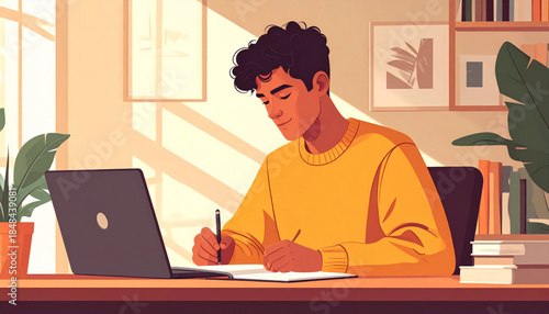 A young man with curly hair in a yellow sweater writing in a notebook at a desk with a laptop in a sunlit room.
