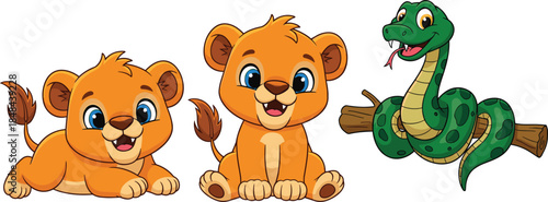 Cute Cartoon Lion Cubs and Snake Characters Set, Colorful Flat Vector Illustration for Kids Education, Animal Learning, Nursery Decor, and Children Design Projects