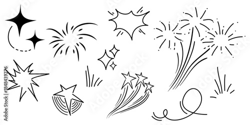 Hand drawn of doodle firework, starburst, sparkle star, explosion on set. doodle design element. vector illustration
