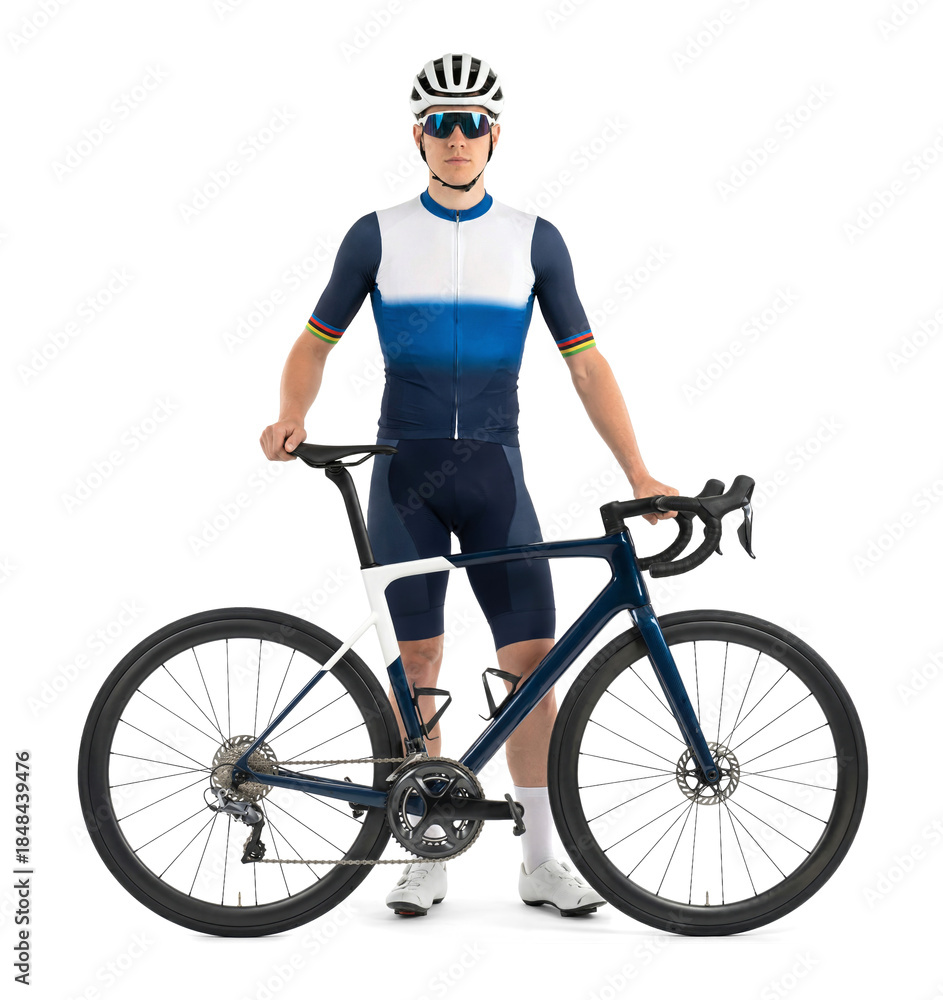 Fototapeta premium Male Cyclist Standing Next to Blue Road Bicycle on Isolated Background