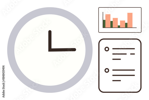 Clock symbolizing time management paired with a task checklist and bar chart tracking performance. Ideal for planning, organization, productivity, goals, efficiency, analytics, and workflow. Clean