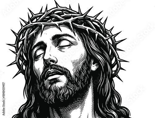 Black and white vector illustration portrait of Jesus Christ wearing crown of thorns for religious Christian Easter holiday design