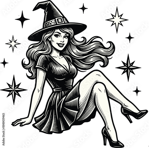 Beautiful young witch sitting in pin-up pose wearing pointed hat and dress with stars vector illustration in vintage engraving style