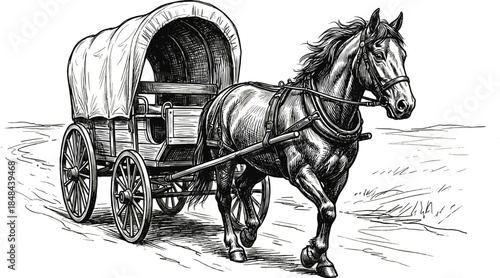 Vintage hand drawn vector illustration of horse pulling covered wagon in black and white sketch style for wild west history concept