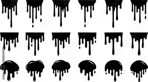 Set of black dripping liquid silhouettes and melting paint drops for street art graffiti style urban design slime effects and creative fluid backgrounds
