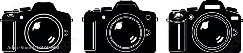 Set of three black professional DSLR and mirrorless camera silhouettes with lens details for photography business branding digital media icons and photographer equipment graphics