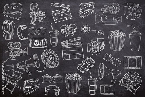Various of cinema element seamless set on black background. Sketch of cinema, movie, ticket, food, drink, watch, entertainment on chalk board. Line art of cinema on black board