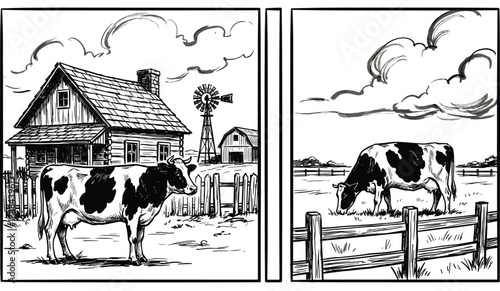 Hand drawn vector illustration set of black and white spotted dairy cow grazing in farm field with house and windmill
