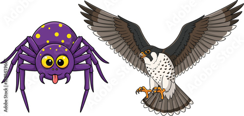 Cute Cartoon Spider and Flying Falcon Characters Set, Colorful Flat Vector Illustration for Kids Education, Animal Learning, Wildlife Concepts, and Children Design Projects