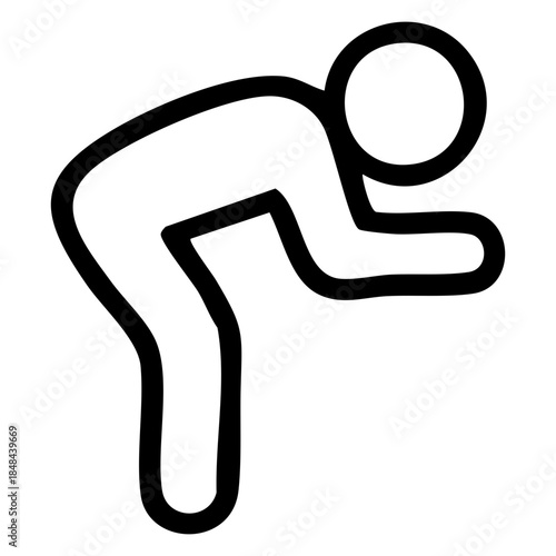 Outline of a human figure in a deep bowing position, representing respect, greeting, or physical exhaustion. Related to cultural etiquette, a finish line collapse, deep stretching, gesture of humility