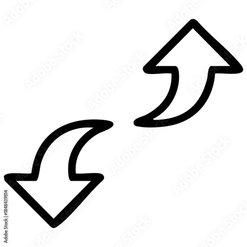 Outline of two arrows pointing in opposite directions, one upwards and one downwards, positioned diagonally from each other. Related to exchange, opposing forces, rising and falling trends, navigation