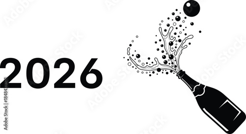 2026 new year celebration concept, champagne bottle popping cork, sparkling bubbles explosion, minimalist black white illustration, festive holiday design