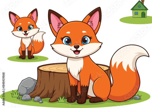 Cute Cartoon Fox Characters in Forest Scene with Tree Stump, Colorful Flat Vector Illustration for Kids Education, Wildlife Learning, and Children Design Projects