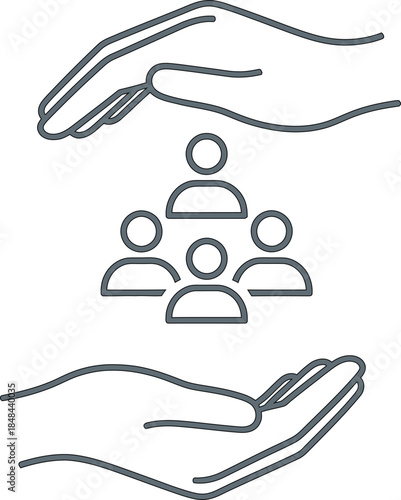 Protecting Community: A symbolic representation of care and support. The artwork shows hands gently encompassing a group of abstract individuals, conveying the essence of guardianship and unity.