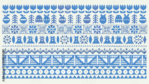 Vibrant blue and white traditional folk art patterns and designs