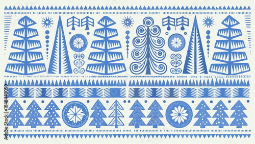 Festive blue Christmas trees and snowflakes decorative border design