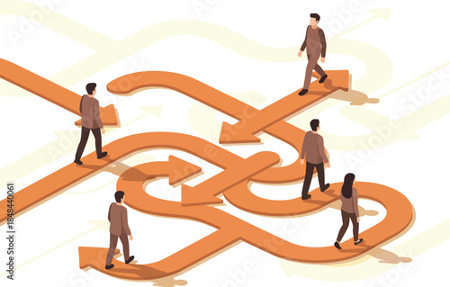 Navigating Choices: A conceptual illustration depicting individuals on divergent paths, symbolizing life choices and decision-making processes.