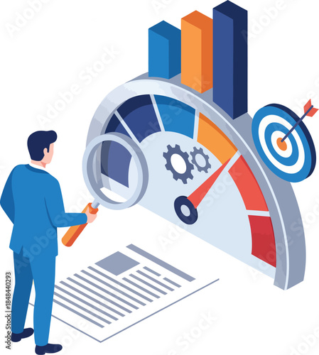 Business Data Analysis: A focused analyst examines crucial data with a magnifying glass, interpreting graphs and charts to evaluate performance metrics and strategic objectives.