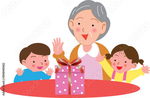 プレゼントを喜ぶおばあちゃんと子供たち
