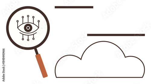 Magnifying glass with an eye and circuit design over a cloud outline. Ideal for data analysis, digital security, AI, cloud computing, big data, innovation, and technology concepts simple flat