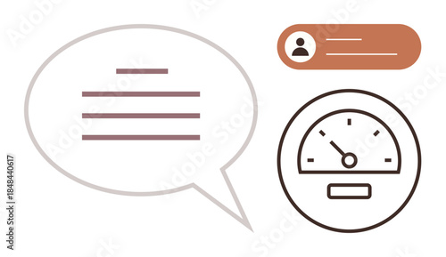 Speech bubble for communication, profile badge for user identity, speedometer symbolizing performance metrics. Ideal for feedback, interaction, analytics, productivity, motivation, evaluation