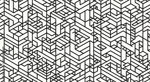 Abstract isometric black and white geometric labyrinth pattern