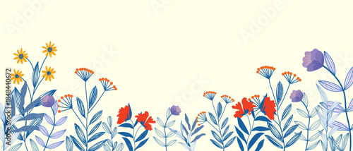 Floral border with flowers, plants in summer field vector illustration. Botanical decoration, blossom in garden, nature isolated on white background.