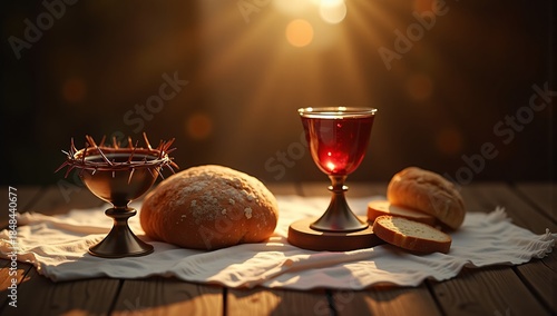 Easter symbols: bread, wine, and crown of thorns under warm sunlight. Religious imagery for Holy Communion and resurrection themes.